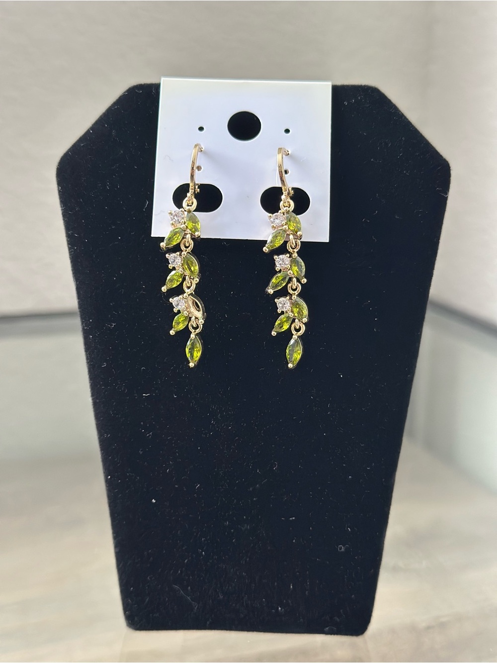 Gold Filled Green Crystal Leaf Drop Earrings - Women Jewelry